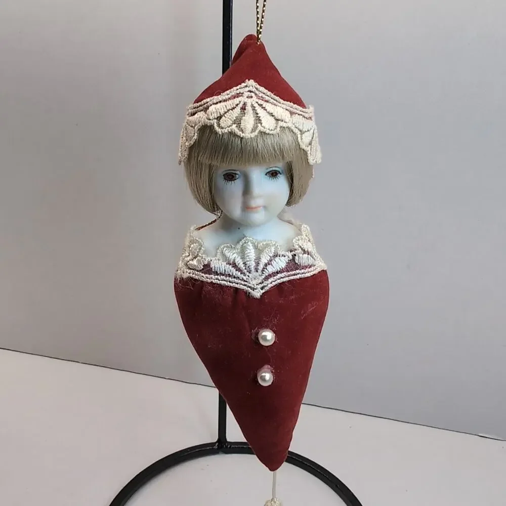 Kurt Adler Christmas Ornament Porcelain Face Victorian Red‎ Velvet Lace 1982